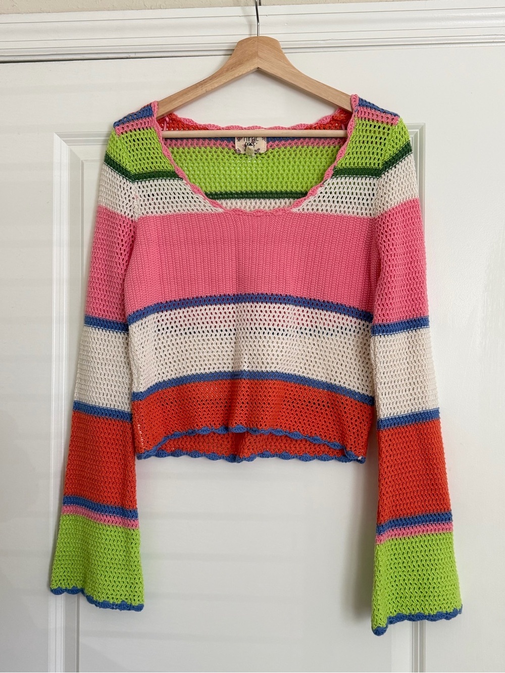 Colorblock Crochet Long Sleeve Top